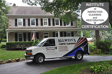 Allwein's Carpet Cleaning Service van at a home.